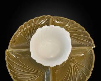 Vintage California Pottery Olive Green FanShell Relish Set