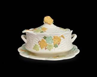 Vintage Majolica Style Leaf and Berry Casserole with Lid and Underplate