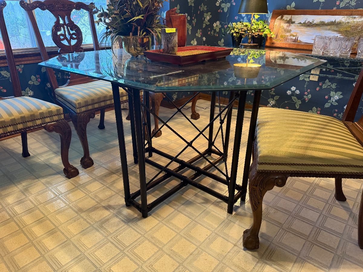 *New from family’s furniture store….rattan table with glass top, Four Chippendale chairs