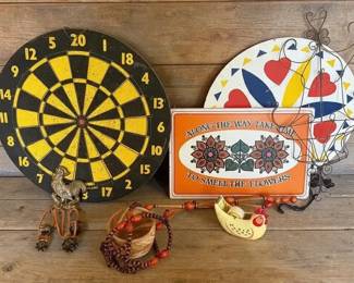 Vintage Eclectic Home Decor Lot  Dartboard Signs  Folk Art Accents