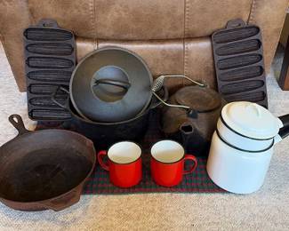 Vintage Cast Iron Cookware  Enamelware Lot