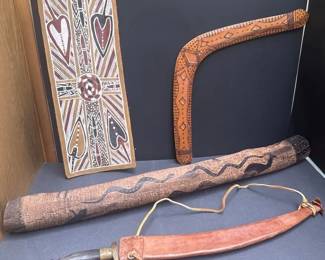 Australian Aboriginal Painting Boomerang Didgeridoo And Dagger