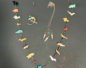 Sterling And Turquoise Lizard Pin And Carved Fetish Necklace
