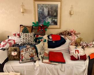 christmas pillows, blankets, and placemats