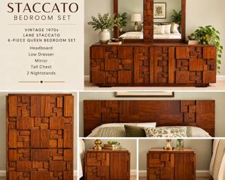 Vintage 1970s Lane Staccato Brutalist 6-Piece Queen Bedroom Set - Excellent Condition: headboard, 2 nightstands, 9 drawer low dresser, mirror, and tall boy chest.