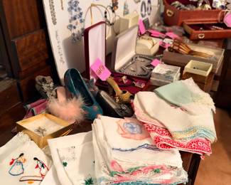 costume and some fine jewelry and accessories, vintage handkerchiefs.