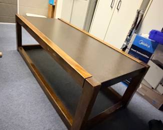 80s wood and laminate boxy coffee table and two end tables