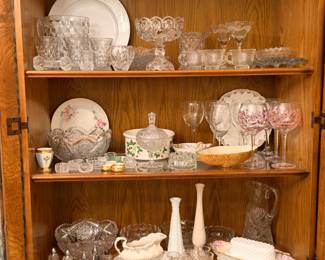 glass and crystal servingware, crystal salt dips, silver plate tea set,