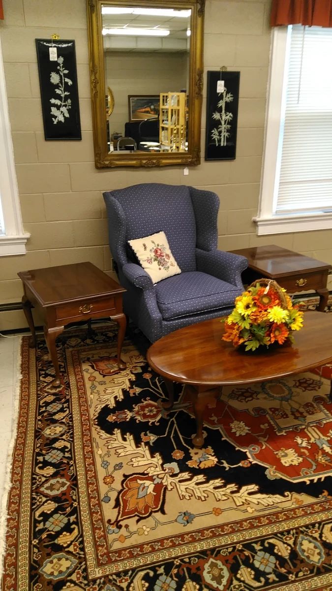 Stickley End and Coffee Tables, Gold Gilt Framed Beveled Glass Mirror, Asian Art, Wing Back Chair