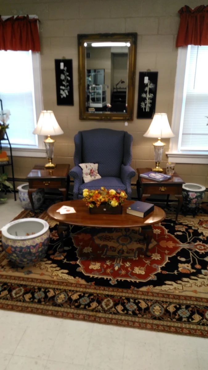 Stickley End & Coffee Tables, Waterford Lamps, Japanese Fish Bowls, Gold Gilt Beveled Mirror, Asian Art