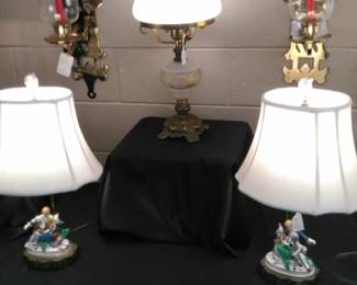Great Selection of Table and Floor Lamps, Stately Brass Wall Sconces