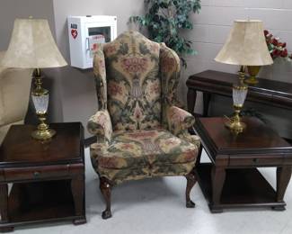 Wing Back Chairs, Set of End & Hall/Sofa Tables, Crystal & Brass Lamps