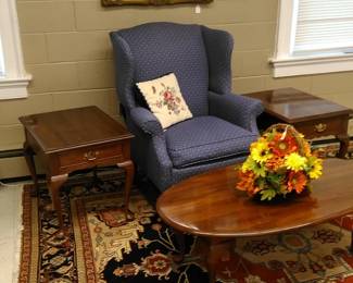 Stickley End and Coffee Tables, Gold Gilt Framed Beveled Glass Mirror, Asian Art, Wing Back Chair