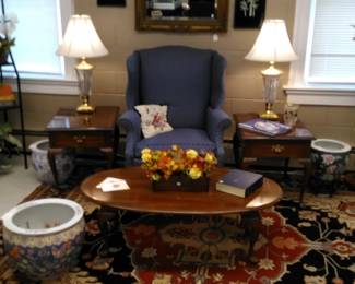 Stickley End & Coffee Tables, Waterford Lamps, Japanese Fish Bowls, Gold Gilt Beveled Mirror, Asian Art