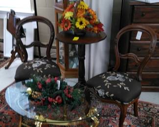 Pair of Balloon Back Side Chairs, Brass Seahorse Glass-top Table, Tilt Table, Beautiful Area Rog