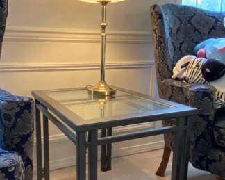 Dark Gray Metal Side Table With Glass Top Brass Candlestick Table Lamp