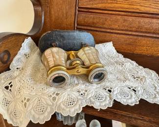 Antique Mother Of Pearl Opera Glasses With Leather Case Handkerchief