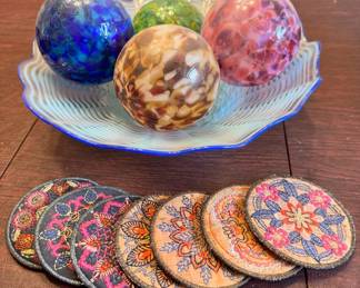 Blown Glass Floats With Decorative Blown Glass Bowl Custom Embroidered Coasters