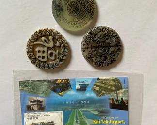 AsianStyle Carved Circular Discs Or Pendants Possibly Jade Or Stone With Collectible Stamp