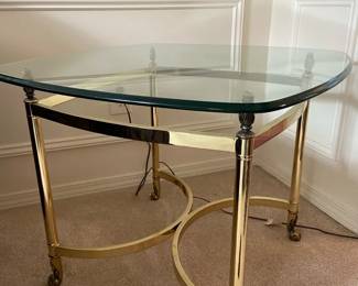 27 Side Table With Brass Toned Base Thick Glass Top