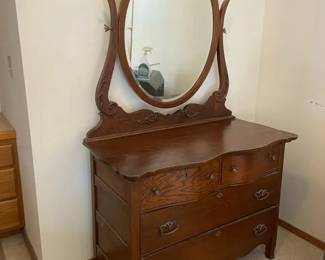 Antique Solid Oak Dresser With Oval Mirror