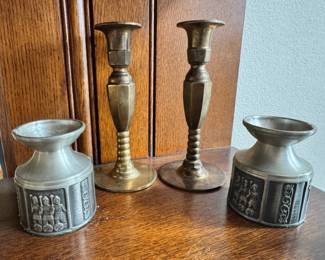 Norwegian Pewter Candle Holders With Brass Candlesticks