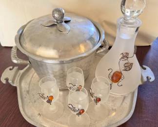 Pewter Platter Ice Bucket With Glass Decanter Liqueur Classes