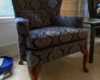Blue Damask Upholstered Wingback Armchair