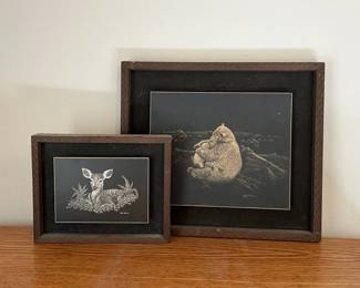 Reproduction Scratchboard Prints Of A Deer By Ken Smith Two Bears By Mel Dobson