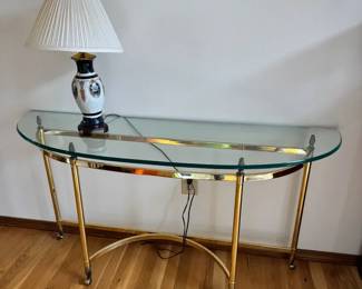 Brass Glass Entry Table Wirh Painted Ceramic Decorative Lamp