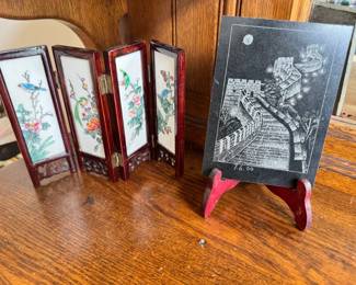 Chinese Tabletop Decorative Screen With Etched Slate