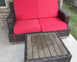 Wicker Love Seat w/Red Cushions & Table $195