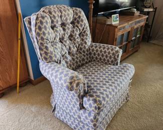 Beautiful blue and white club chair.  Dimensions :   Asking $120. will entertain offers