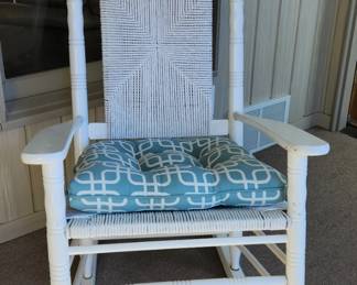 Beautiful White wood rocker with woven back and seat. Dimensions are: Asking price : $80. will entertain offers