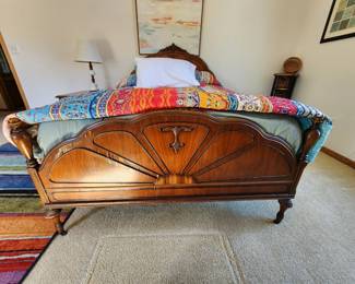 Beautiful sunburst pattern art deco double bed with beautiful head and footboard.  Dimensions : 55 w. 16.5 inches from floor to top of side of bed frame.  Head board 36 inches h. from frame up. food board 30.5 h from floor to top. Asking  $220. Will entertain offers
