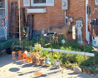 22” push mower, lawn carts, wood ladders, cement statuary, cast iron benches, live traps, bird houses, feeders, wind chimes