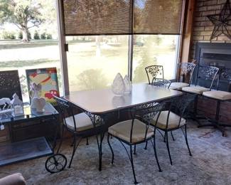 Woodard wood top table w/ oak leaf chairs, Woodard tea cart, 4 bar stools