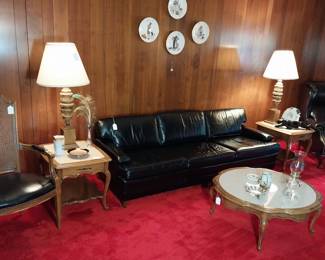 Globe furniture black leather couch, Lane black leather recliner, leather seat/cane back side chair, marble top coffee and end tables, baroque style lamps