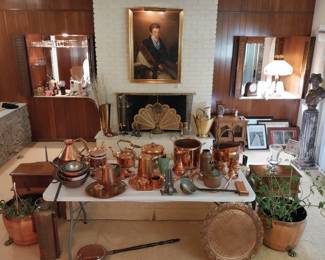 COPPER: fire extinguisher, claw foot planters, bed warmer, cookware, coffee set colanders, salt and pepper, coat of arms, chafing dish, horns, trays, teapot