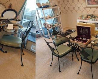 trestle style Trianon fruit basket pattern glass top Woodard table and Trainon chairs