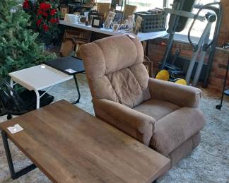 La Z Boy recliner, metal and wood coffee table, tv trays