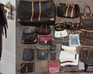 Louis Vuitton, Dooney & Bourke, Juicy Couture, Burberry, Gucci, Prada, Coach wallet, vintage art deco purses, Gucci tablecloth and napkins, Gucci belts, Coach, Nine West, coats, stoles, shrugs, Ferris Brothers