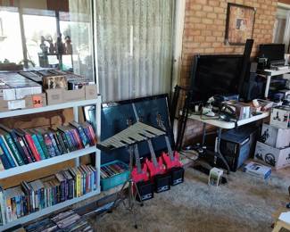 books, DVDs, first alert safe, Wi-Fi camera, Pioneer stereo system, Yamaha stereo system, Magnavox VHS/DVD player, Sony DVD, Vizio TV, alarm clocks, Hisense soundbar, vintage telephones, game controllers, Celestron telescope, First act guitar and amps, xylophone