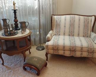 marble top drum style accent table, hutch back side table, side chairs, settee
