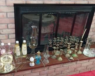 fire place set, candle holders, oil lamps
