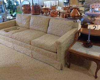 Globe furniture cream tufted silk couch, marble topped end tables