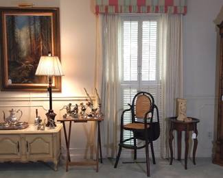 Colonial grandfather clock, cane backed high chair, Ethan Allen side table, crystal and brass hurricane table lamp, marble top low buffet
