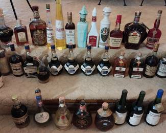 vintage alcohol bottles, Hennessy, Old Fitzgerald, Crown Royal, Marie Brizard, Chivas, Courvoisier, Martell, Pinch, Old Rarity
