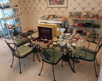trestle style Trianon fruit basket pattern glass top Woodard table and Trainon chairs