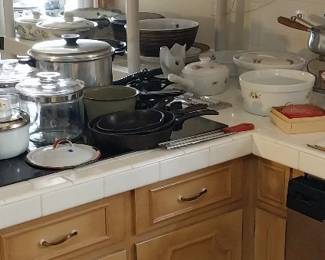 fondue set, cast iron, clear Pyrex pots, rolling pin
